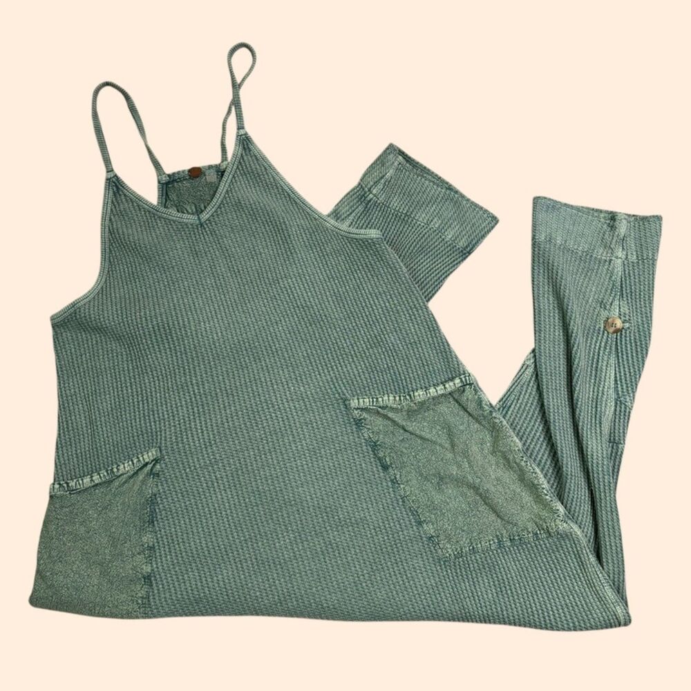 Free People One Frankie Waffle Jumpsuit Green - Picture 2 of 6